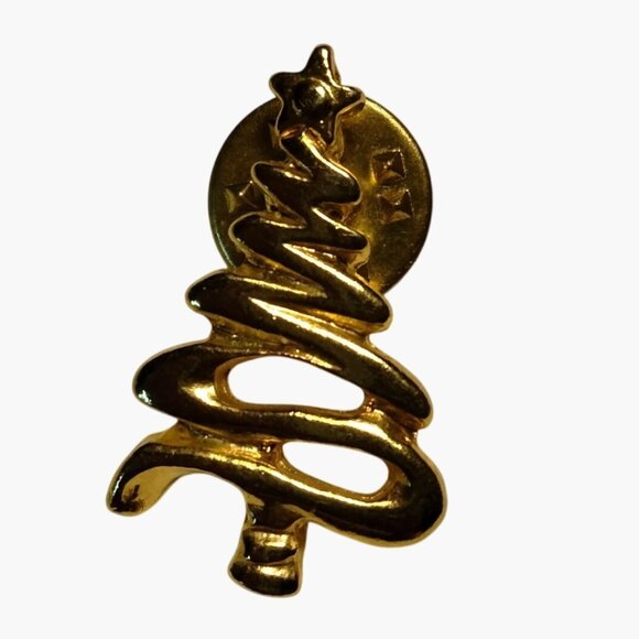 Vintage Gold Tone Christmas Tree Lapel Pin Brooch Zig Zag Star Holiday Pinback - Picture 1 of 5